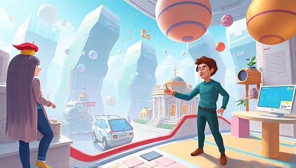 An imaginative depiction of a user navigating through a virtual world filled with design challenges and interactive tasks, guided by a digital avatar representing DesignQuest, capturing the gamified and immersive nature of the web design consultation platform.
