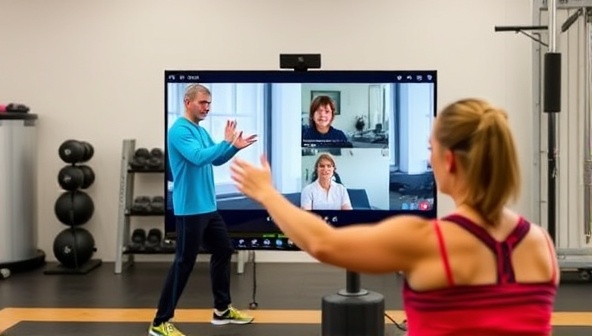 A virtual coaching session setup with a trainer guiding a client through exercises via video call, showcasing interaction and engagement, with fitness equipment in the background for reference.