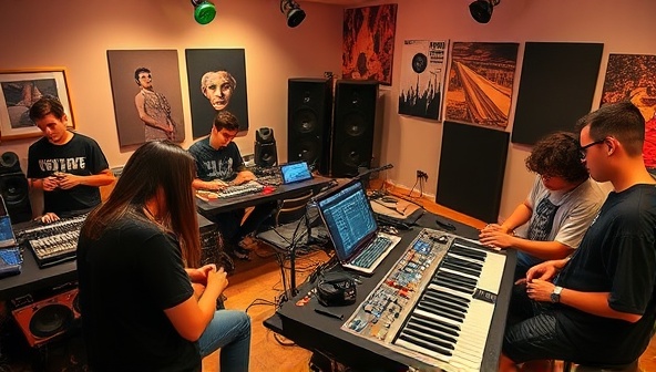 A music studio scene with teens experimenting with music production equipment, mixing tracks, and collaborating on creative projects, capturing the vibrant and dynamic atmosphere of BeatForge Academy as a hub for young music producers and artists.