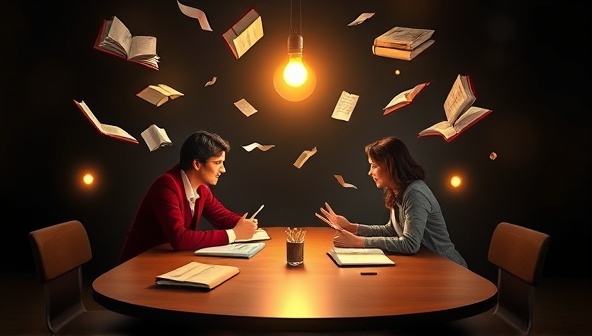 An inspirational visual of a mentor and mentee sitting across a virtual table, surrounded by floating books, pens, and glowing lightbulbs symbolizing creativity and knowledge sharing, portraying a supportive and collaborative environment for personal growth and writing development.