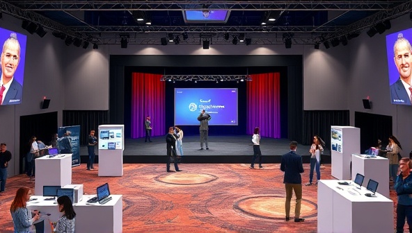 A virtual event setup with a stage, interactive booths, and audience avatars engaging in a digital conference environment, illustrating the immersive and engaging nature of VirtualEventPro's virtual event marketing solutions.