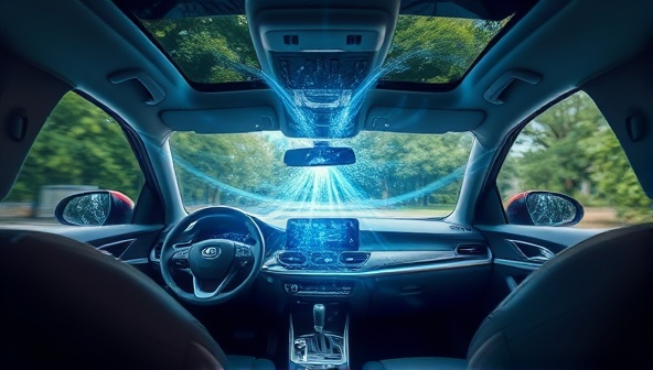 An engaging visual representation of a car interior being purified by a high-tech air purification device, with clean, fresh air visibly circulating inside the vehicle, creating a serene and healthy driving environment for passengers.