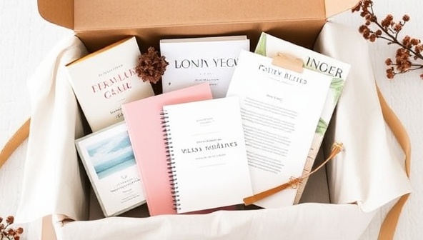 An elegantly designed subscription box filled with poetry books, artisanal tea blends, writing journals, and a personalized letter from a featured poet, exuding a sense of literary charm and curated inspiration for poetry lovers.