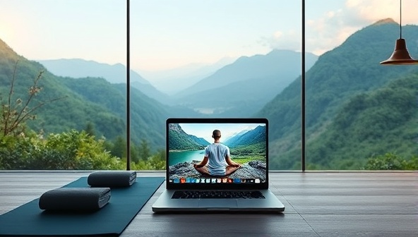 A serene virtual retreat setting with calming nature imagery, yoga mats, and a laptop displaying a meditation session, evoking a sense of tranquility and relaxation.