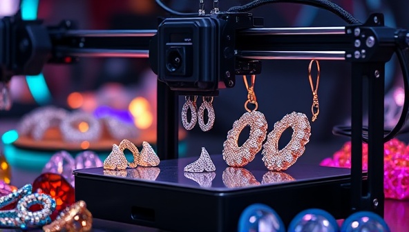 A visually stunning image showcasing a modern 3D printer in action, creating intricate jewelry designs with a backdrop of sparkling gemstones and colorful materials, representing innovation and creativity in the jewelry-making process.