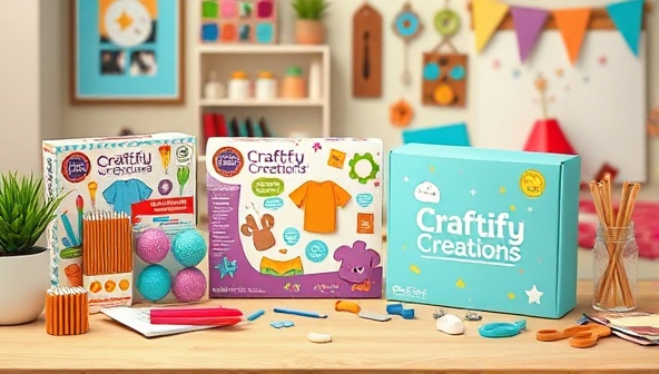 An artistic and colorful display of interactive craft kits with various materials and tools, set against a backdrop of a cozy crafting corner with a completed craft project, showcasing the hands-on and creative essence of Craftify Creations for craft enthusiasts of all ages.
