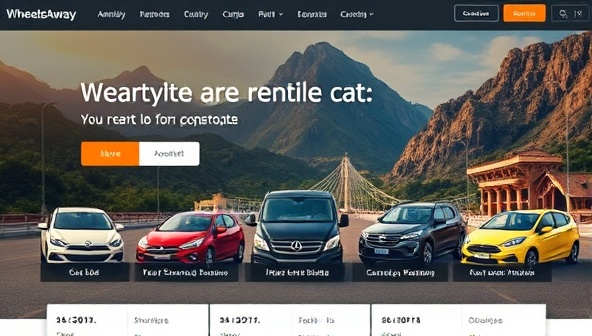 An inviting online platform showcasing a variety of cars available for rent in different locations, with vibrant travel imagery in the background, highlighting the convenience and diversity of rental options on WheelsAway.