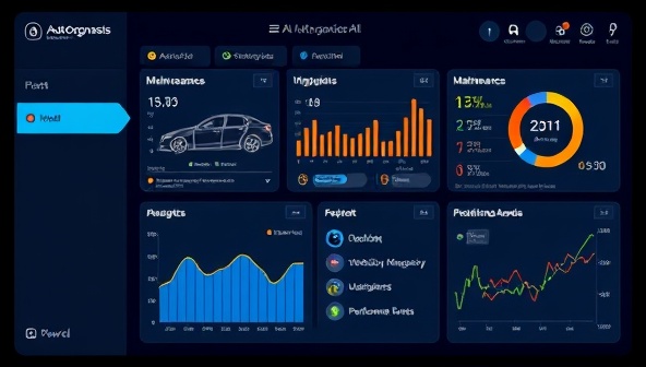 An AI-powered dashboard displaying real-time vehicle diagnostics and maintenance alerts, with predictive maintenance recommendations and performance analytics, illustrating the advanced technology and proactive approach of AutoPrognosis AI's service.