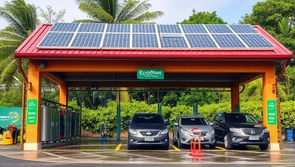 An eco-friendly car wash facility with solar panels on the roof, rainwater collection systems, and a lush greenery backdrop, showcasing the sustainable and nature-friendly approach of EcoShine AutoCare.