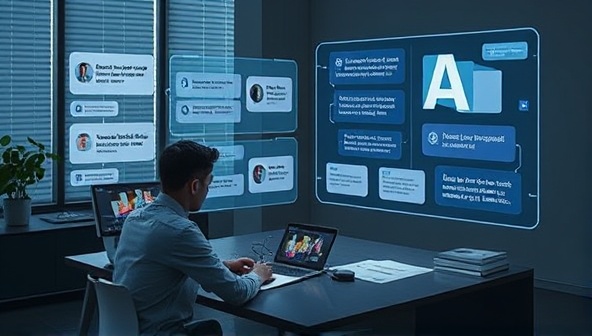 An image of a writer at a desk with a futuristic holographic screen displaying various writing prompts and content suggestions powered by AI, showcasing the platform's cutting-edge technology.