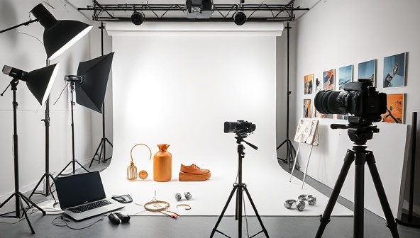 A professional photography studio setup with a camera capturing product shots on a pristine white backdrop, surrounded by various props, lighting equipment, a laptop for editing, and a mood board with inspirational product photography, showcasing the essence of e-commerce product photography services.