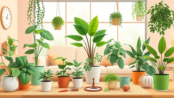A digital illustration featuring a lush indoor garden setting with a variety of potted plants, gardening tools, and care accessories arranged in a cozy living space, illustrating the beauty and serenity of indoor plant cultivation in a modern home environment.