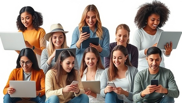 An artistic collage featuring diverse micro-influencers with laptops and smartphones, each creating content in their unique style, symbolizing individuality and creativity in influencer marketing.