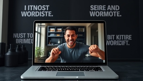 An energetic virtual workout session with a coach guiding a client through exercises via a video call, showcasing the convenience and effectiveness of remote fitness coaching, with motivational fitness quotes in the background.