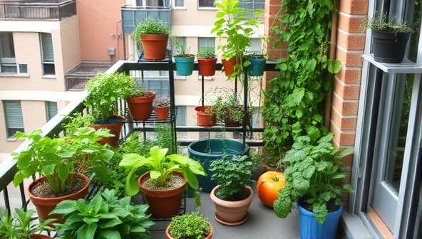 An urban apartment balcony transformed into a lush garden oasis, featuring potted plants, herbs, and colorful vegetables thriving in a small space, inspiring urbanites to grow their own food.