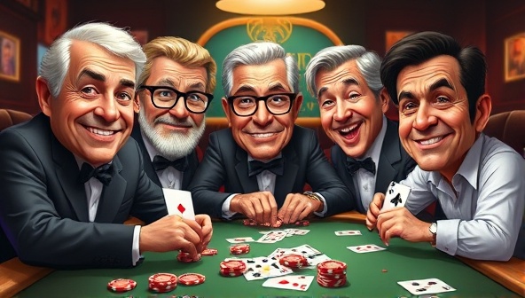 An engaging digital poster featuring caricatures of famous celebrities playing poker with animated expressions, surrounded by virtual poker chips and cards, creating a fun and lively atmosphere.