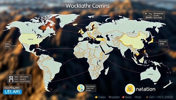 An innovative visual representation illustrating a blockchain network connecting mineral rights owners, investors, and mining companies worldwide, showcasing the transparent and secure transactions facilitated by MineRightsChain.