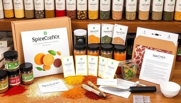 An enticing display of SpiceCraft Kits showcasing an array of colorful spices, recipe cards, and blending tools, inviting customers to embark on a flavor-filled journey of creating custom spice blends at home, fostering creativity and culinary exploration.