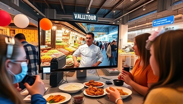 An immersive virtual tour setting with a computer screen displaying a bustling food market in a foreign city, a chef conducting a live cooking demonstration, and participants tasting local delicacies, creating a sensory and cultural experience through digital exploration.