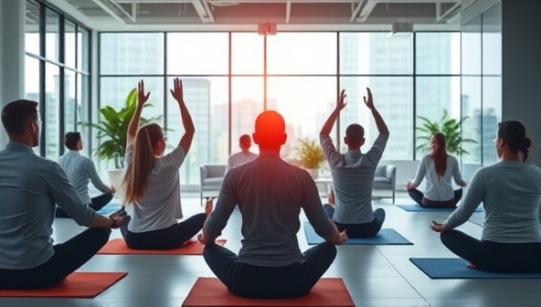 An inspiring visual of a corporate wellness session in progress with professionals engaging in yoga or mindfulness exercises in a modern office setting, promoting a healthy work environment and work-life balance, with a tagline emphasizing the importance of employee well-being in driving business success.