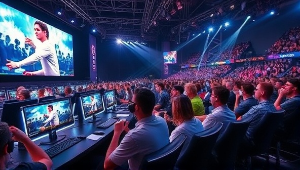 An exciting gaming tournament scene showcasing players competing in a high-stakes virtual match, with cheering spectators, flashing lights, and a professional host, capturing the intensity and excitement of competitive gaming events.