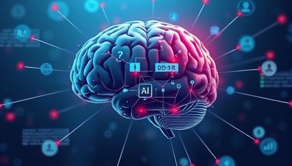 An abstract illustration of a futuristic digital brain interconnected with web design elements, symbolizing AI-powered optimization and creativity.