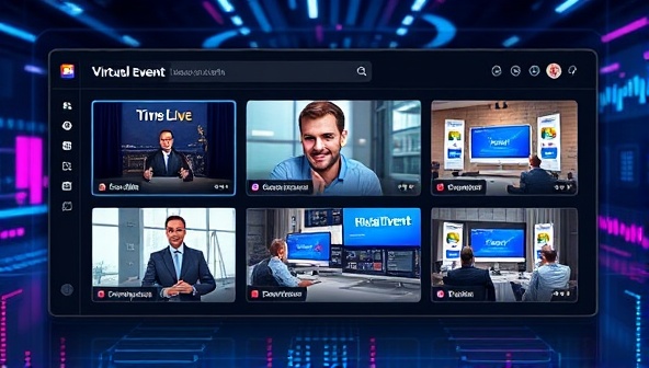 A virtual event dashboard displaying multiple virtual event rooms with interactive features like live chat, polls, and networking areas, set against a futuristic digital backdrop, symbolizing the future of virtual events and engagement.