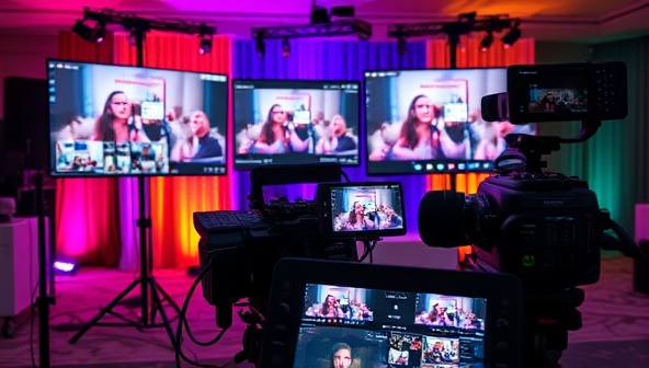 A dynamic virtual event photography setup featuring multiple screens displaying live event shots, a professional camera capturing virtual event interactions, colorful backdrops, and a digital storyboard of event highlights, showcasing creativity and professionalism in virtual event photography and videography services.