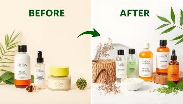 An eco-friendly beauty brand transformation process, featuring before-and-after images of a brand's packaging, ingredients, and production methods transitioning towards sustainable and environmentally friendly practices, conveying the essence of eco-conscious beauty solutions.