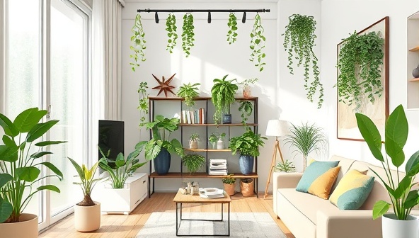 An artistic illustration of a modern urban apartment interior with a vertical farming setup, showcasing lush green plants growing vertically, integrated with the home decor, and bathed in soft natural light, conveying a harmonious blend of nature and urban living in a small space.