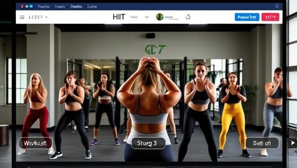 An action-packed visual of a virtual HIIT workout session on the HIITZone Live platform, featuring a diverse group of participants following an instructor's lead in a high-energy and challenging fitness routine, symbolizing intensity, motivation, and community in a virtual workout setting.