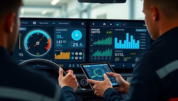An advanced digital dashboard displaying real-time vehicle diagnostics and maintenance alerts powered by AutoMind AI Solutions, with a technician analyzing the data on a tablet, showcasing the cutting-edge technology and predictive capabilities of the AI platform.