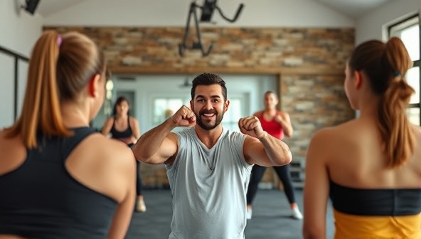 An energetic virtual fitness session with a coach leading a group of diverse clients through a workout via video call, showcasing the convenience and effectiveness of virtual fitness coaching services.