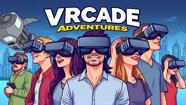 An illustration of a diverse group of gamers wearing VR headsets, fully immersed in different virtual environments, showcasing the variety and excitement of VRcade Adventure's game offerings.