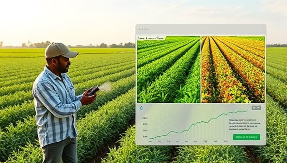A digital interface showing a farmer uploading images of a crop field to the platform, with AI algorithms analyzing the photos and displaying detailed crop health insights in a visually appealing way.