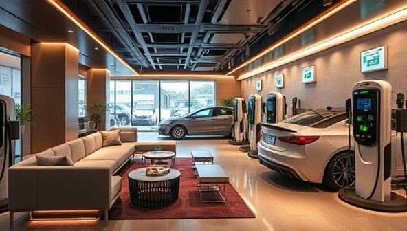 A sleek and modern electric vehicle charging lounge interior featuring luxurious seating, futuristic design elements, and EVs plugged into fast-charging stations, creating a high-end and sustainable atmosphere that appeals to tech-savvy and environmentally conscious customers at VoltHive Charging Retreat.