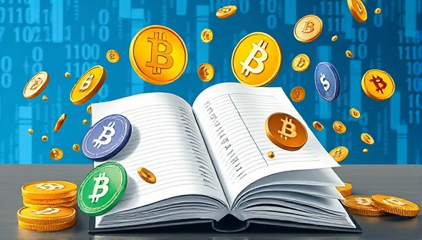 An artistic representation of digital currency symbols swirling around a ledger book, with blockchain elements in the background, illustrating the specialized cryptocurrency accounting solutions provided by CryptoLedger Pro.
