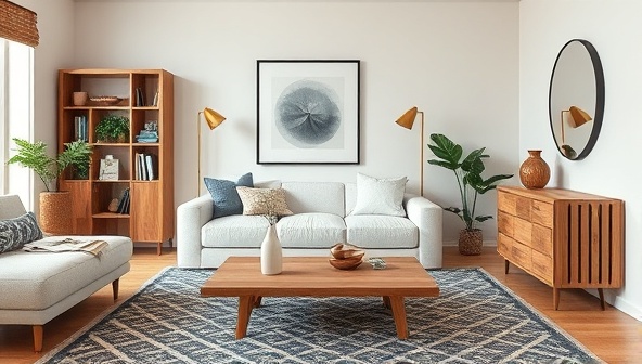 A stylish and modern living room adorned with custom wooden furniture pieces crafted from the kits, showcasing a sleek coffee table, a minimalist bookshelf, and a chic console table, exuding a sense of creativity and craftsmanship in home decor.