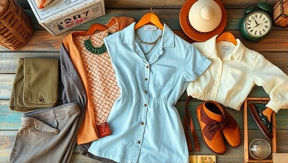 A visually appealing collage of vintage clothing items laid out on a rustic wooden table, accessorized with retro jewelry and old-fashioned decor pieces, creating a nostalgic and trendy vibe.