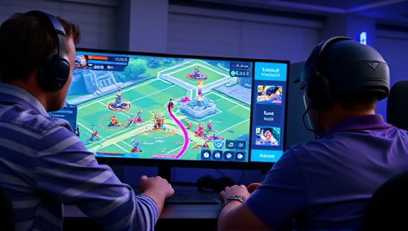 An engaging visual of a gamer receiving coaching on a high-level strategy in a popular game, with a split-screen showing the coach guiding the player through gameplay, highlighting the learning experience and improvement potential.