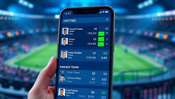 An interactive mobile screen displaying player statistics, game predictions, and fantasy team recommendations, surrounded by a digital sports arena backdrop, conveying a futuristic and data-driven approach to fantasy sports predictions.