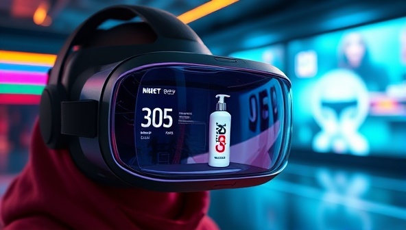 A virtual reality headset displaying a brand's product seamlessly integrated into a futuristic VR gaming environment, illustrating the immersive and engaging nature of virtual reality product placements.