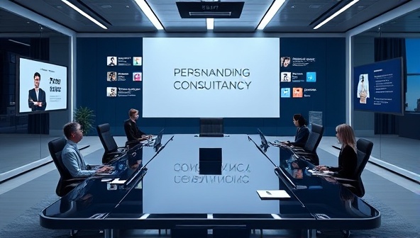 A sleek and modern digital artwork depicting a virtual boardroom setting with branding elements, social media icons, and professional profiles, symbolizing the synergy between personal branding consultancy and digital influence, with a focus on empowerment and growth.
