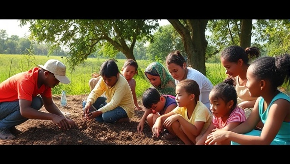 A heartwarming image of volunteers immersed in community projects, planting trees, teaching children, or assisting in conservation efforts, showcasing the spirit of giving back and making a difference through GlobalGivers Connect.