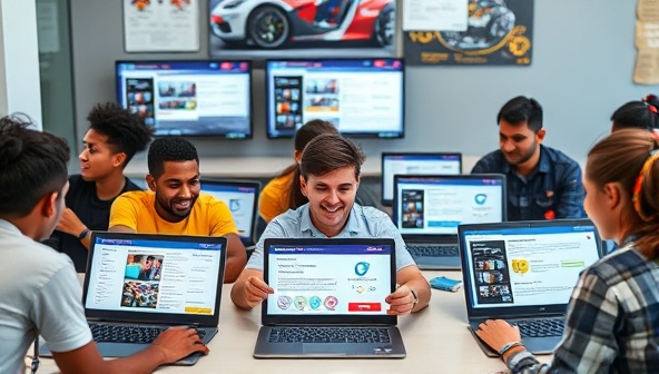An educational image featuring a diverse group of individuals engaging in online automotive courses and workshops on laptops and tablets, with virtual classrooms, interactive quizzes, and certification badges displayed on the screens, highlighting the dynamic and accessible nature of SkillRev Auto Academy's learning platform.