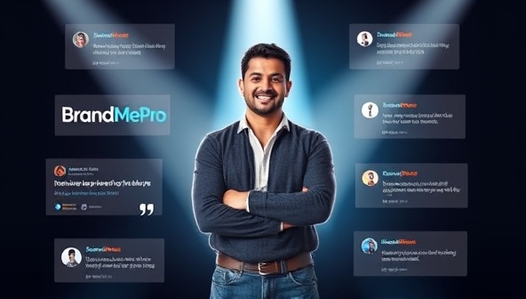 An entrepreneur standing confidently with a virtual spotlight shining on them, surrounded by branding elements such as logos, social media icons, and testimonials, symbolizing the impactful personal branding work done by BrandMe Pro.