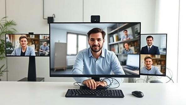 A virtual meeting setup with a consultant on a video call, discussing telecommunication solutions with a diverse group of clients on screens, highlighting collaboration and expertise.
