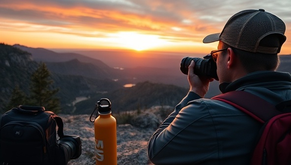 A captivating image of a photographer capturing a stunning sunset over a pristine natural landscape, surrounded by eco-friendly travel gear and a reusable water bottle, highlighting the blend of photography, nature, and sustainability in travel.