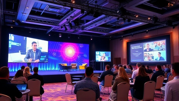 An immersive digital event setup showcasing a virtual conference stage, interactive breakout rooms, and engaging attendee interactions, highlighting the professional and dynamic event experiences facilitated by EventSync Consult.