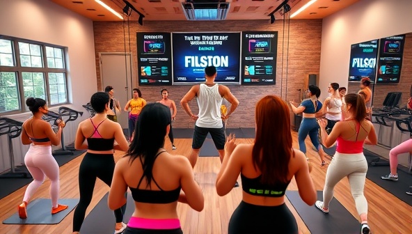 A dynamic and energetic virtual fitness studio scene featuring a diverse group of avatars participating in a high-intensity workout class led by a virtual trainer, with motivational messages and progress trackers displayed on the screen, inspiring users to push their limits and achieve fitness goals together.